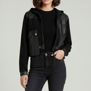 Club Exx Black Vegan Leather Utility Techwear Hooded Cropped Jacket S